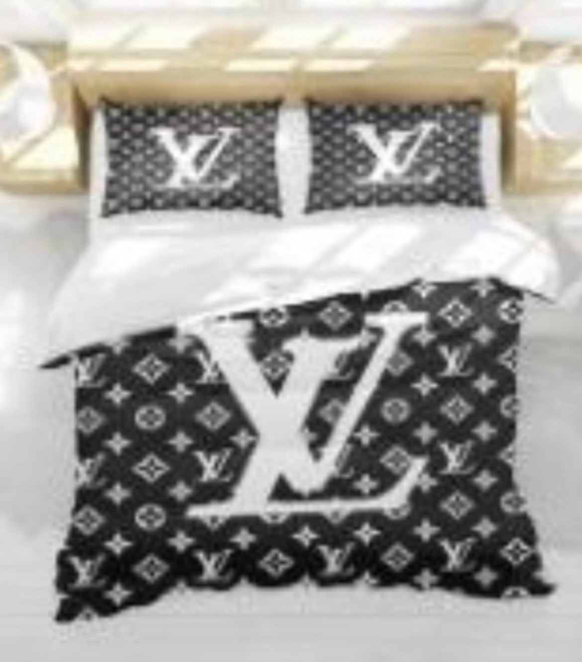 Black LV-Inspired Luxury Print Bedding Set – Elegant Boutique Designer 3-Piece Queen Set