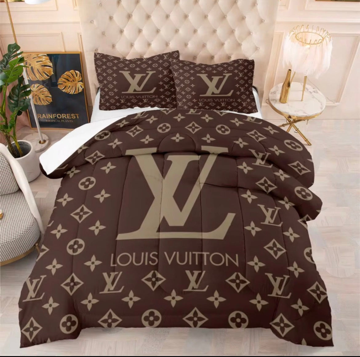 Brown LV-Inspired Luxury Monogram Bedding Set – Elegant Boutique 3-Piece King Set